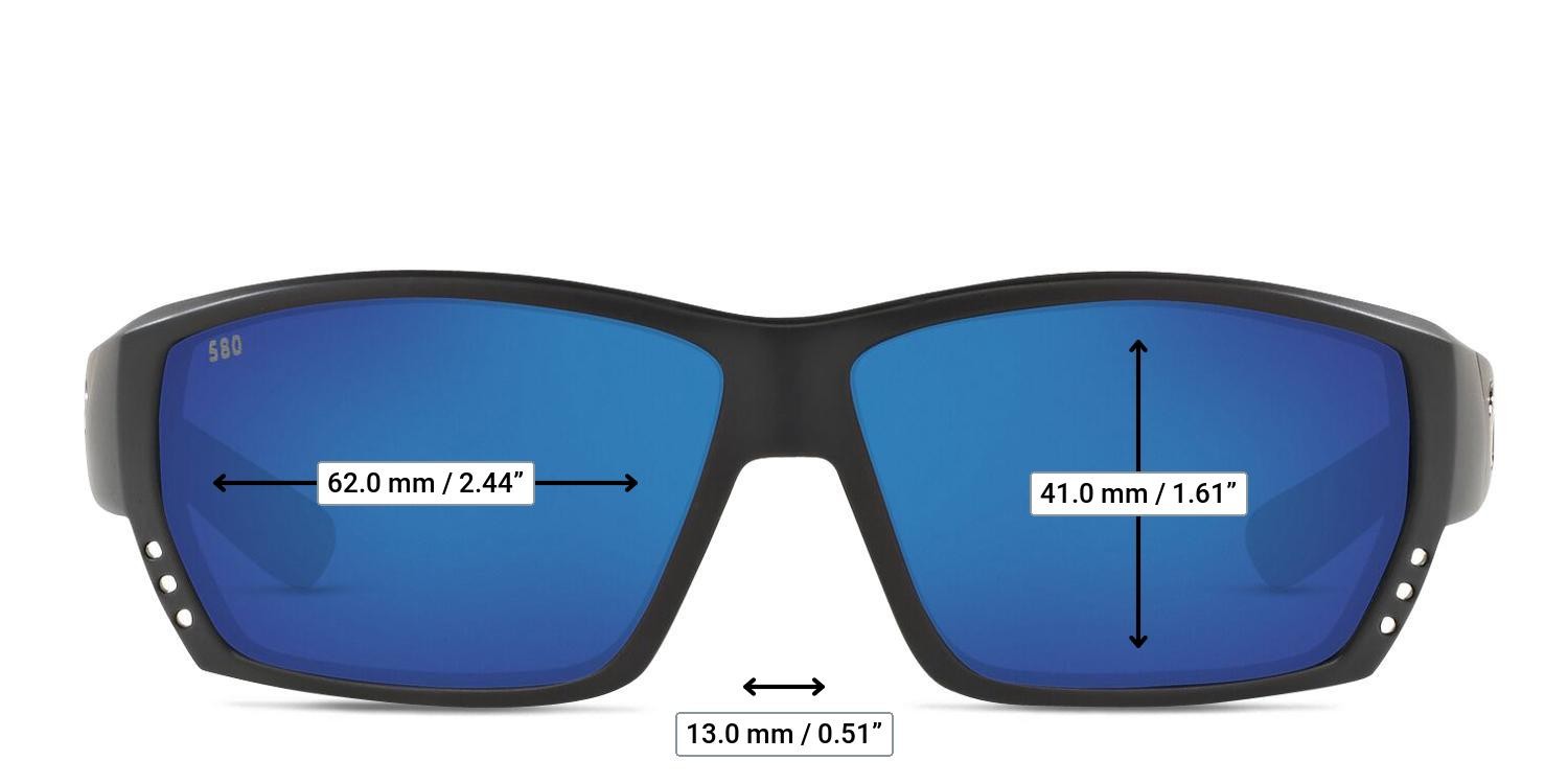 Costa Del Mar Tuna Alley Black, Gray, Blue glasses - Measurements